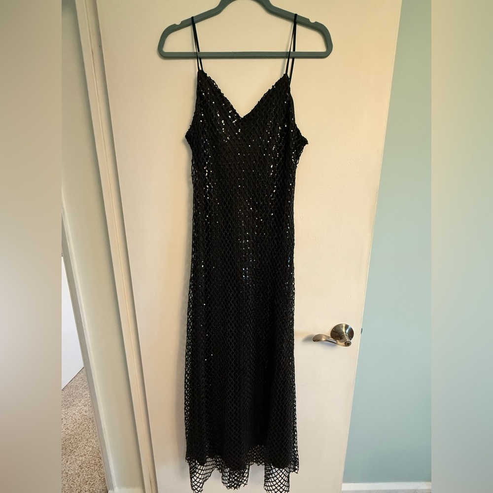 All Saints CHANTELLE SEQUIN MIDI SLIP DRESS size 10 black NWT - Picture 8 of 15